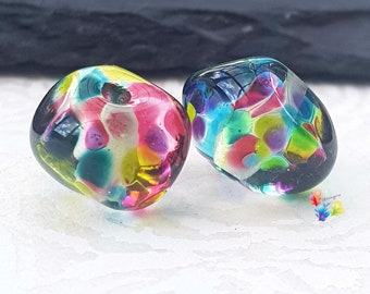 Lampwork Glass Beads, Marrakech Rainbow Nugget Pair, Multi colour, multicolor, bright, jewel tone  made to order