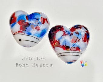 Lampwork Beads Handmade, Jubilee Boho Heart Pair, Glass Beads, red white blue   made to order