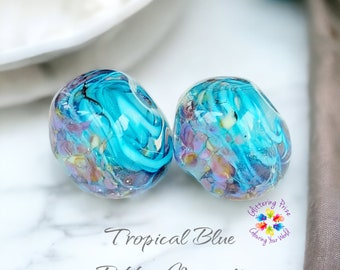 Lampwork Beads Handmade, Tropical Blue Ribbon Nugger Pair, Glass Beads,  made to order