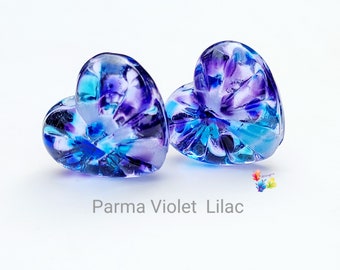 Lampwork Beads Handmade, Parma Violet Starburst Glass Heart Pair, Glass Beads, purple amethyst blue Aquamarine stained glass made to order