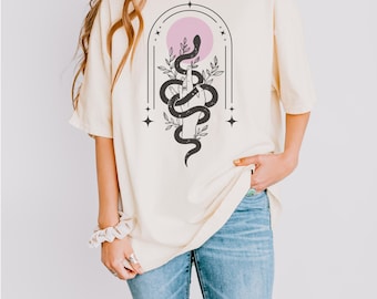 Celestial Serpent Comfort Colors T-Shirt: Witchy Lunar Graphic Tee