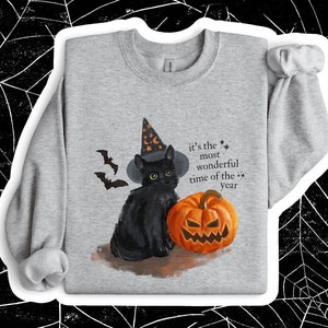 Black Cat Halloween Sweatshirt | Cozy Autumn Sweatshirt for Cat Lovers | Fall Pumpkin Shirt | It&#39;s the Most Wonderful Time of the Year Shirt