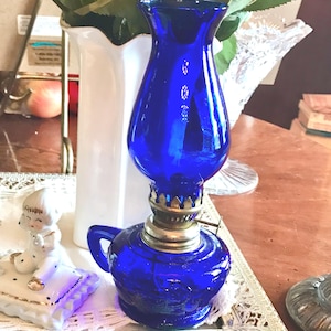 Cobalt Blue Glass Miniature Kerosene Lamp
