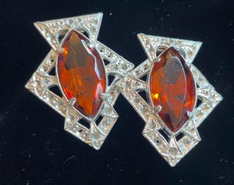Antique Art Deco Silver and Amber Colored Shoe Clips