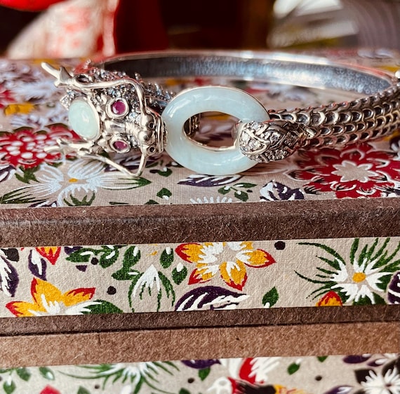 Sterling Silver Ruby and Jade Dragon Bracelet - image 1