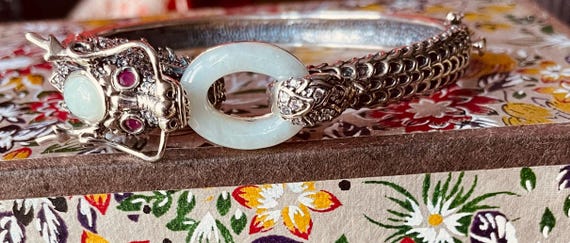 Sterling Silver Ruby and Jade Dragon Bracelet - image 9