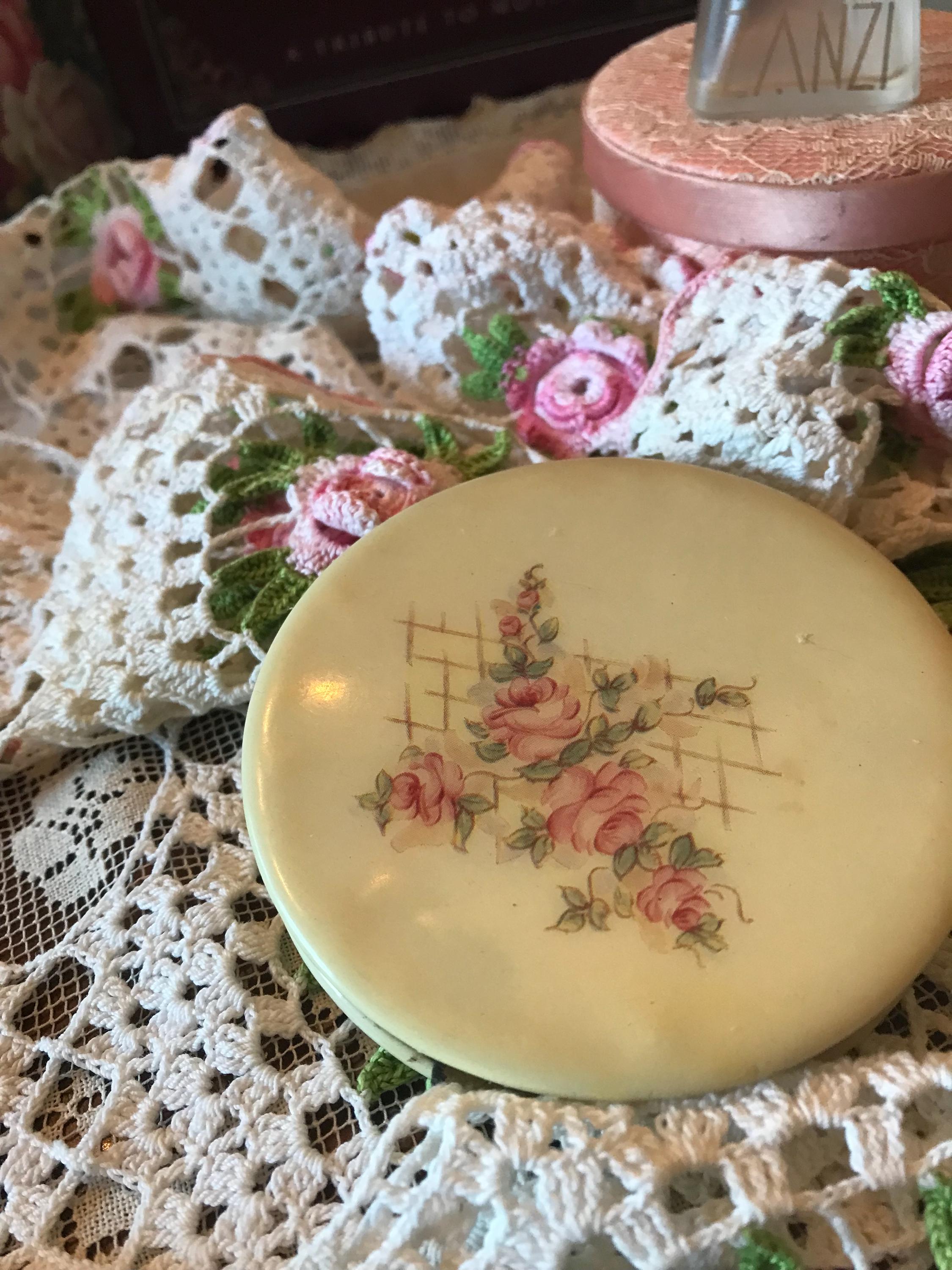 Ivory Celluloid and Floral Ladies Compact with Mirror