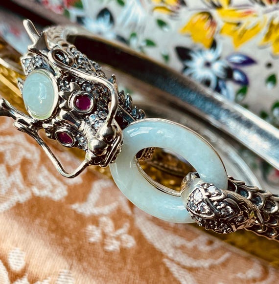 Sterling Silver Ruby and Jade Dragon Bracelet - image 3