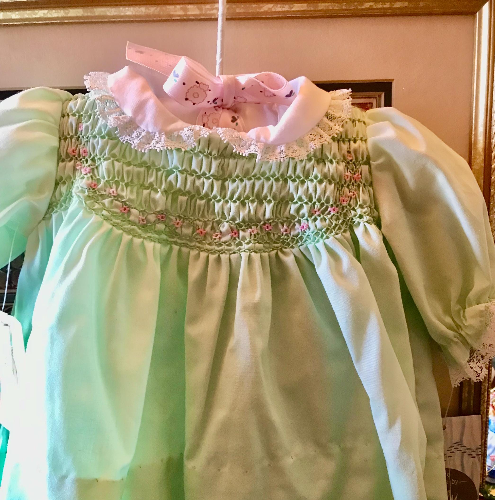mint green smocked dress Baby Girls Mint Green Smocked Day Dress & Bonnet main image 0