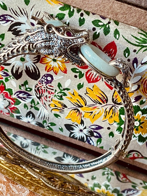 Sterling Silver Ruby and Jade Dragon Bracelet - image 11