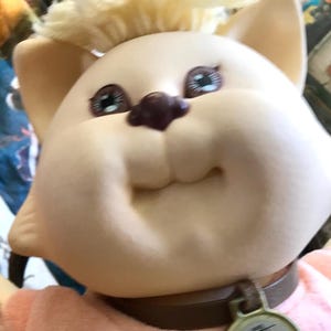 May include: A plush toy cat with a light brown face, brown eyes, and a pink collar with a tag. The cat has a light brown and white fur and is wearing a pink shirt.