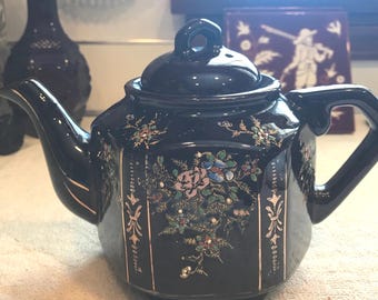 Antique Brown Betty Hand Painted Floral  Tea Pot  (Japan 1940s)