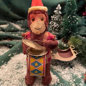Vintage Antique Look Mechanical Monkey with Cymbals and Drum (1960, Japan)
