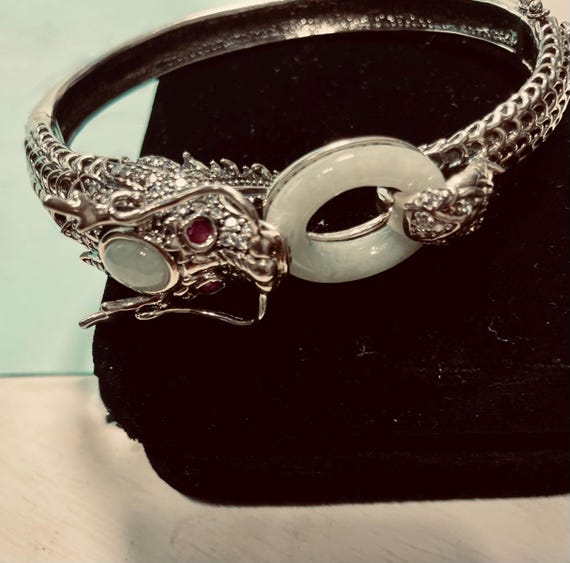 Sterling Silver Ruby and Jade Dragon Bracelet - image 16