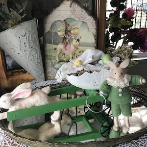 Vintage Paper Mache Pastel Colored Bunny with Wooden Egg Cart Crate