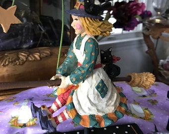 Wood Painted Flying Halloween Witch & Black Cat Figurine