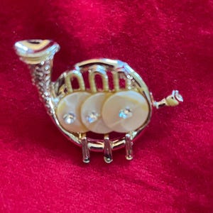 Mother of Pearl and Gold Tone Metal  French Horn Jewelry Pin