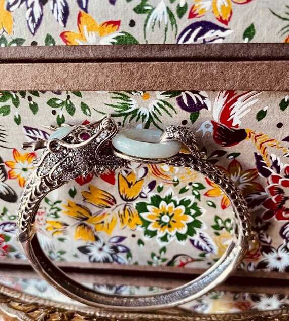 Sterling Silver Ruby and Jade Dragon Bracelet - image 8