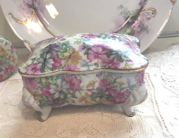 Vintage Pink Floral Chintz Porcelain Vanity box