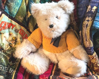 Vintage Teddy Bear Plush Cream Curly Fur Ribbon Lace Collar