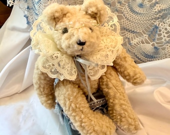 Rare Teddy Bear Victorian Ruffle Look Dress 11” Gift Vintage Blue