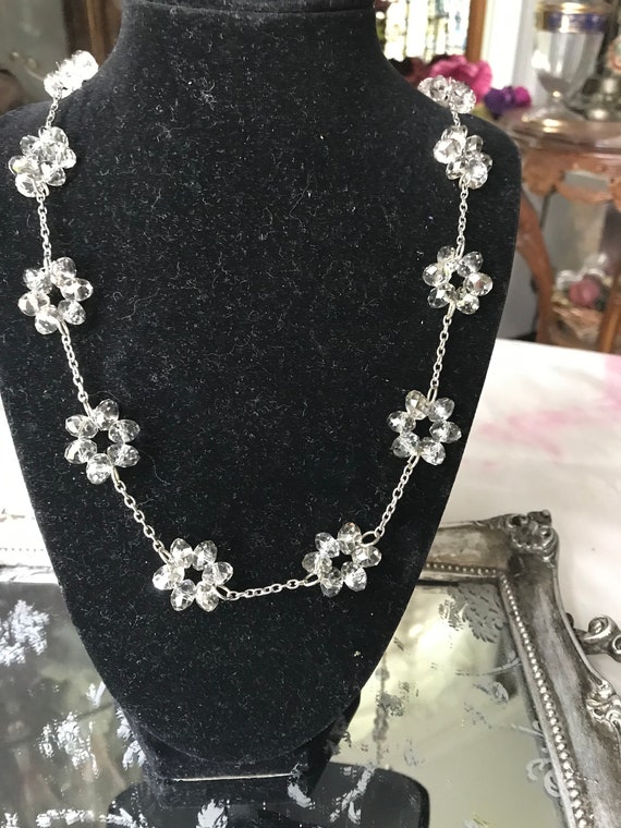 Vintage Silver Crystal Bead Flower Necklace