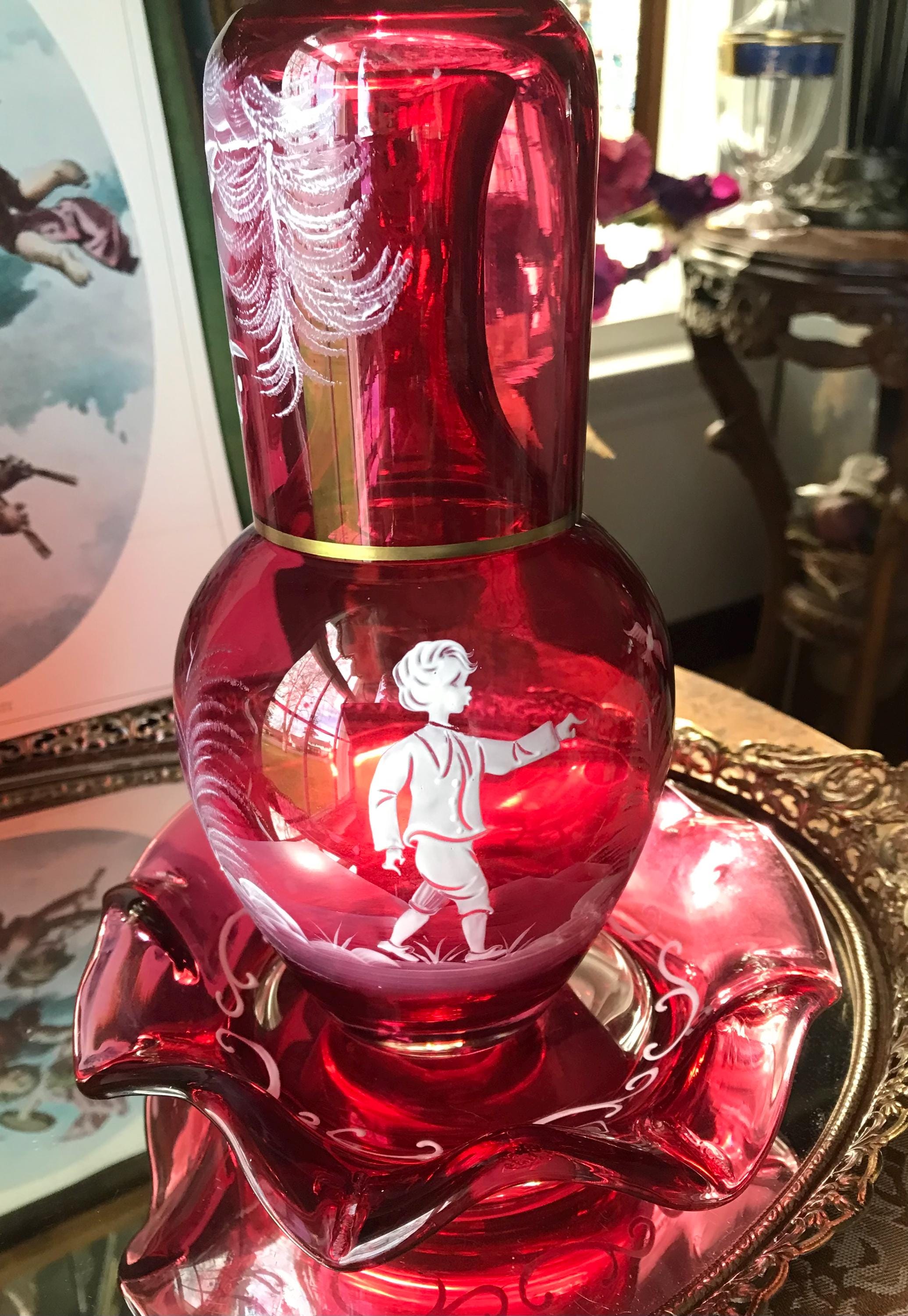 Fenton Mary Gregory Cranberry Glass Carafe Set - Etsy