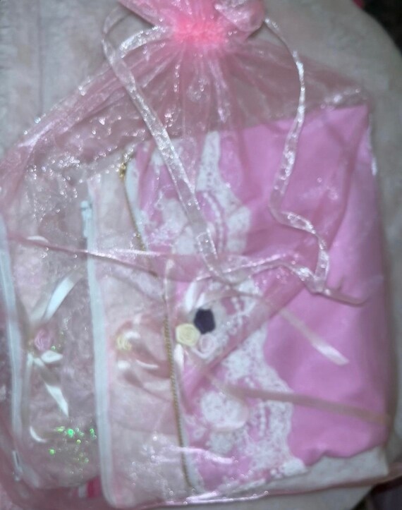 Cream Pink Rose Bow Lace Makeup Cosmetic Bag Purse Coquette