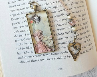 Whimsical Beaded Bookmark featuring a Skeleton in a Pink Victorian Gown