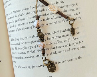 Owl and Howlite Leaf Beaded Bookmark, Nature Reader Gift