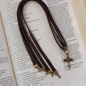 Bible Bookmark With Multiple Leather Strands, Choose Number of Strands, Choose Silver Copper Bronze Plated Nail Cross, Father's Day Gift