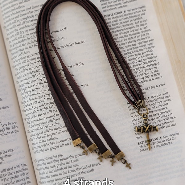 Bible Bookmark With Multiple Leather Strands, Choose Number of Strands, Choose Silver Copper Bronze Plated Nail Cross, Father's Day Gift