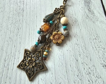 Boho Style Beaded Bag Charm Zipper Pull With Star Flower Charm