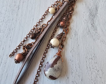 Leather and Copper Plated Tassel Bag Charm Featuring Unique Wild Horse Stone Beads and Beaded Charms