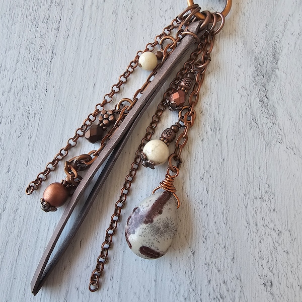 Leather and Copper Plated Tassel Bag Charm Featuring Unique Wild Horse Stone Beads and Beaded Charms