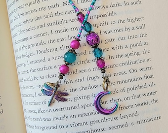 Whimsical Beaded Bookmark with Vibrant Beads and Electroplated Dragonfly and Moon Charms