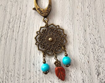 Boho Style Bag Charm, Zipper Pull with Turquoise Beads Charm