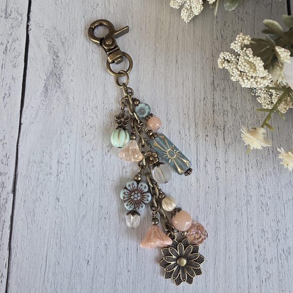 Tirador de cremallera para bolso con cuentas estilo bohemio con temática de flores naturales