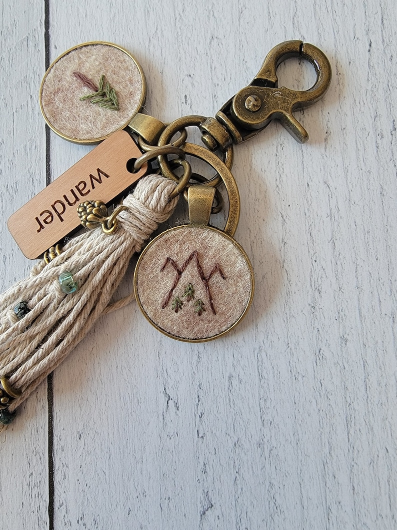 Explore Tassel Purse Charm, Quirky Boho Embroidery, Adventure Woodland Pine Tree or Mountain Scene Tiny Embroidery, Mother Gift image 5