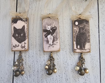 Handmade Whimsical Christmas Ornaments Featuring Yule Cat, Jólakötturinn, and Krampus Cat