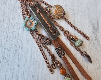 Leather and Copper Plated Tassel Bag Charm With Beaded Charms and Arrow Charm