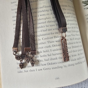 Multi-strand Rustic Bookmark Made With Leather and Copper Plated Pine Tree and Pine Cone Charms, Great Gift for Wilderness Lover