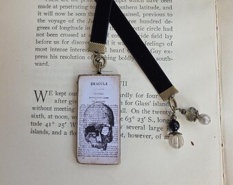 Gothic Bookmark, Skull Vampire Bookmarker, Velvet Ribbon Bookmark, Reader Gift