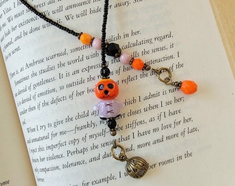 Unique Halloween-themed Beaded Bookmark with a Cute Pumpkin Head Man Bead