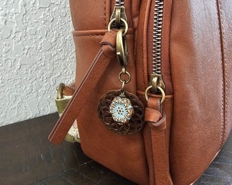 Boho Style Bag Charm, Zipper Pull with Wooden Mandala Charm and Czech Flower