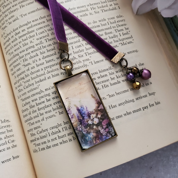 Floral Bookmark, Hollyhock Vintage Style, Velvet Ribbon Bookmarker, Great Gift Ideas