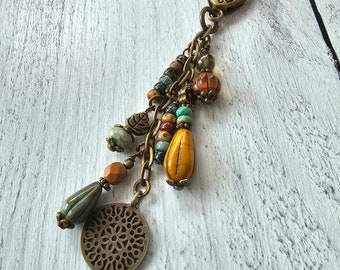 Boho Style Beaded Bag Charm Zipper Pull With Bronze Plated Flower Charm