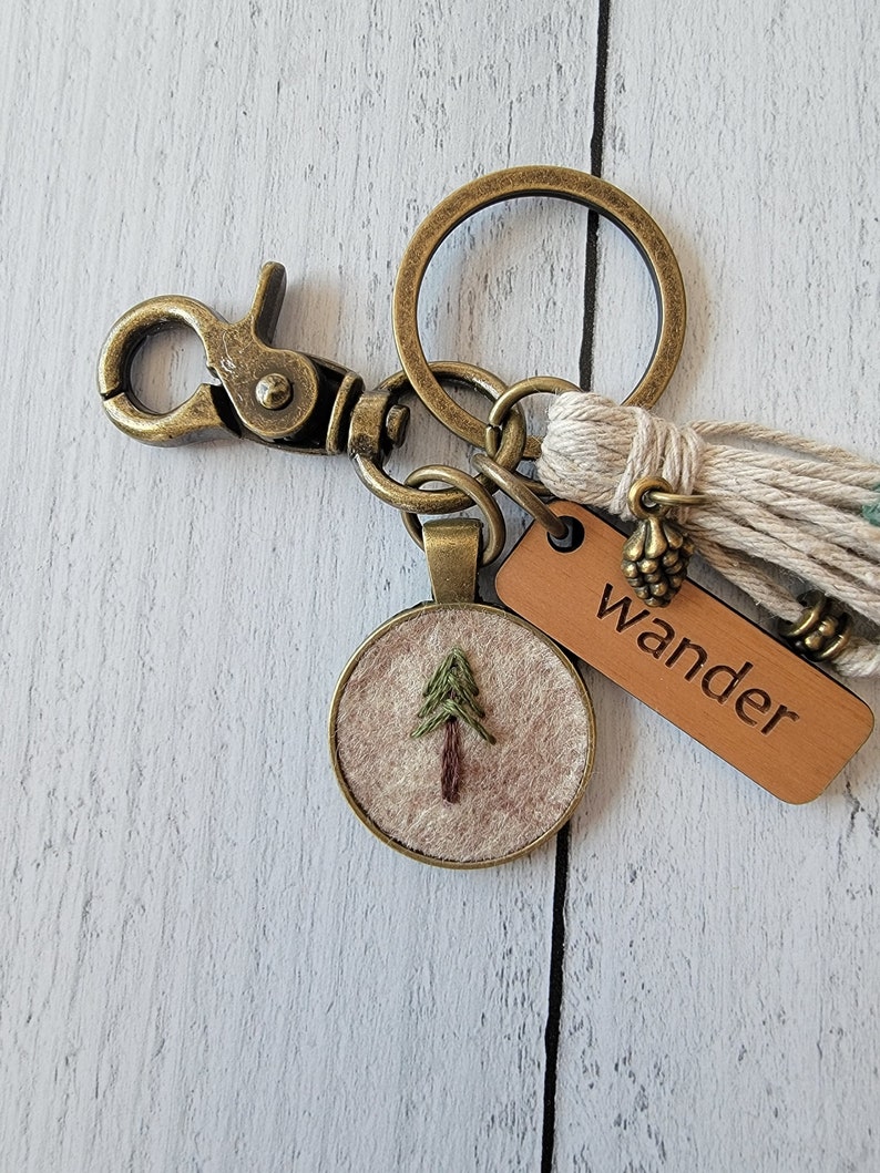 Explore Tassel Purse Charm, Quirky Boho Embroidery, Adventure Woodland Pine Tree or Mountain Scene Tiny Embroidery, Mother Gift image 4