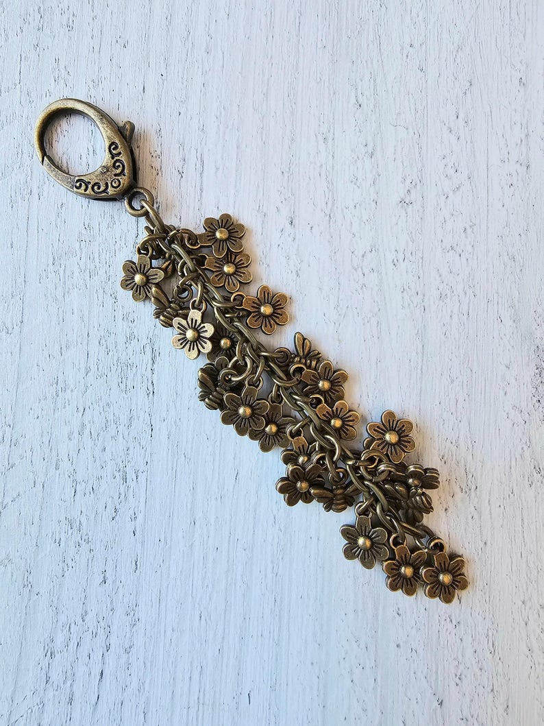 Bronze Plated Flower Bag Charm, Bee Spring Summer Purse Charm, Flower Tassel image 1