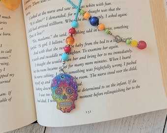 Boho Style Beaded Bookmark with Colorful Sugar Skull Charm - Unique Book Accessory, Gift for Her